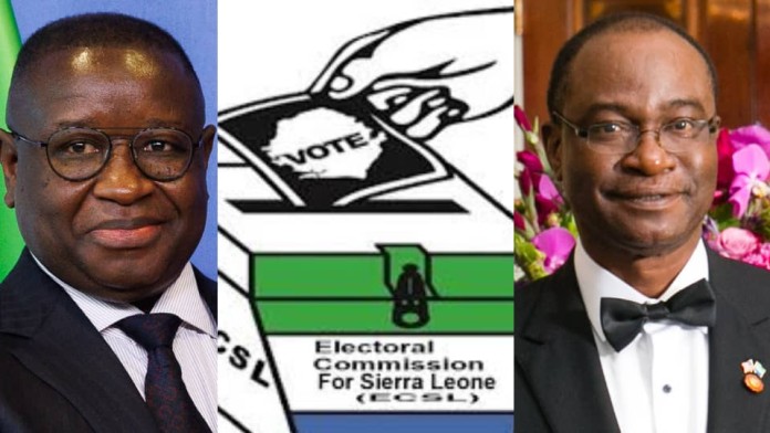 From left to right: Pres. Julius Maada Bio of Sierra Leone People's Party (SLPP), logo of the Electoral Commission for Sierra Leone and Dr. Samura Kamara of the All People's Party (APC)