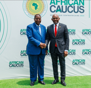 President Touadéra and UBA Group Chairman Tony Elumelu exchange during the opening of the 2025 African Caucus Meeting in Bangui, where he delivered a keynote on “Resilient Infrastructure, Human Capital and Green Assets.” | The Calabash Newspaper President Touadéra and UBA Group Chairman Tony Elumelu exchange during the opening of the 2025 African Caucus Meeting in Bangui, where he delivered a keynote on “Resilient Infrastructure, Human Capital and Green Assets.”