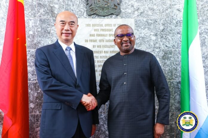 Vice President, Dr. Mohamed Juldeh Jalloh shaking hands with China’s Vice Premier, H.E. Liu Guozhong