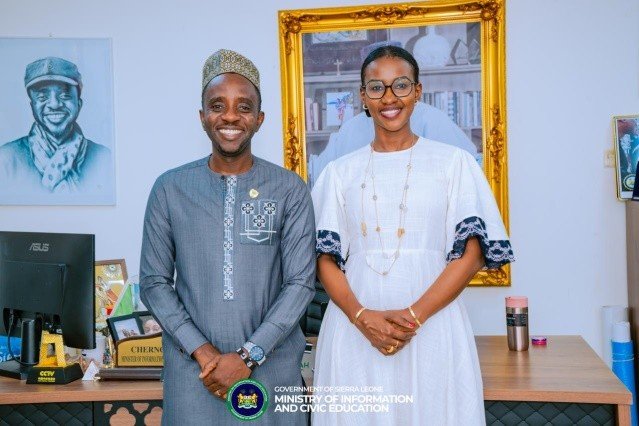 The newly appointed Chief Executive Officer of Orange Sierra Leone, Aïcha Touré (right) pose for picture with the Minister of Information and Civic Education, Chernor Bah, after a to the Ministry