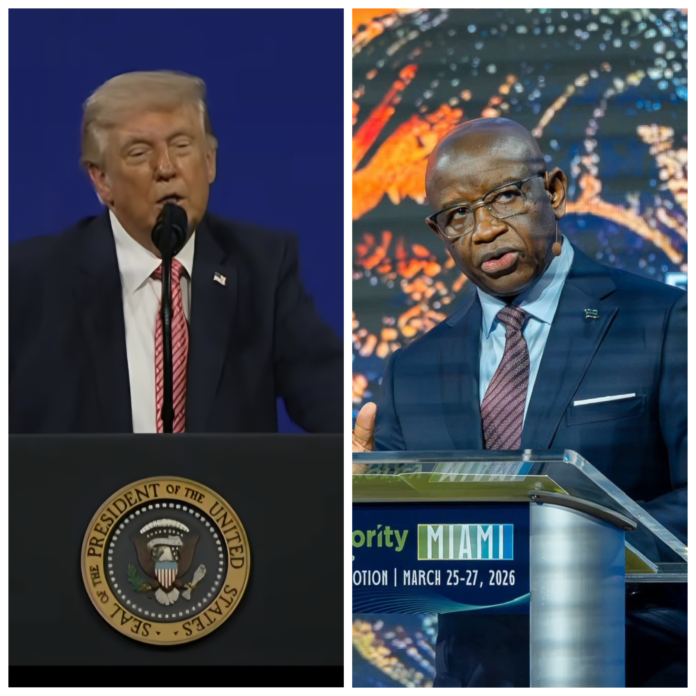 U.S. President Donald Trump recognized Sierra Leone’s President Julius Maada Bio during his closing presidential address at the 4th FII PRIORITY U.S. President Donald Trump recognized Sierra Leone’s President Julius Maada Bio during his closing presidential address at the 4th FII PRIORITY