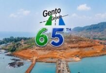 Sierra Leone at 65: Mohamed Gento Kamara’s Kent Seaport Sparks Hope for Economic Transformation Aerial view of a coastal construction site with blue-green water and the overlaid text 'Gento Group 65th' and 'Happy Independence Day.'