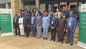 Group of formally dressed people posing on steps outside a building with green event banners nearby (statutory meeting).