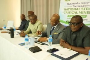 Group of men in formal attire seated at a long conference table, discussing with note pads and bottles of water, Sierra Leone banner in the background.