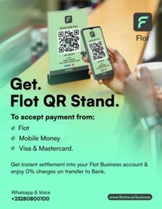 Promo poster showing a person scanning a Flot QR stand with a smartphone to pay; mentions Flot, Mobile Money, Visa and Mastercard.