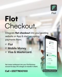 Ad for Flot Checkout showing the logo, the headline 'Flot Checkout', payment options (Flot, Mobile Money, Visa & Mastercard) and a smartphone app screen.