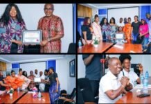 SLCAA Honours Aviation Professionals on Labour Day, Receives Civil Society Award for Excellence Collage of four photos from an awards ceremony: colleagues celebrate around a framed certificate in a conference room.
