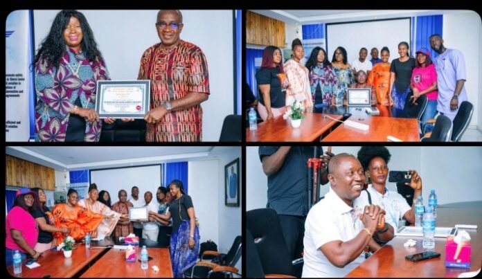 Collage of four photos from an awards ceremony: colleagues celebrate around a framed certificate in a conference room.
