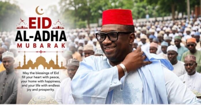 Banner reads 'Eid al-Adha Mubarak' with mosque silhouettes; smiling man in a red fez and glasses stands in a crowd of worshippers behind him.