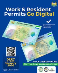 Promotional graphic announcing Work & Resident Permits Go Digital, featuring sample permit cards, a QR code, and online application/renewal information.