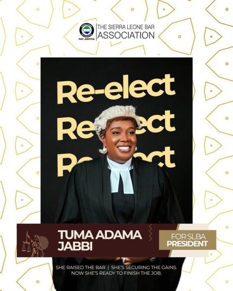 Campaign poster for Tuma Adama Jabbi running for SLBA president, featuring a judge in gown and a bold 'Re-elect' backdrop.