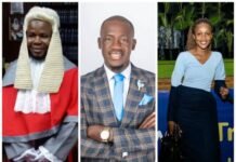Defense Tenders 45-Page Email Evidence in Abdul Kpaka Murder Trial Three people side by side: a man in ceremonial judge robes, a man in a checked suit with blue tie, and a woman in a light blue top and dark skirt outdoors.