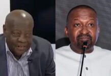 Vice President Earns Praise from Hon. Ibrahim Ben Kargbo for Strengthening Political Dialogue Split-screen image of two men: left, bald man in a dark blazer at a table; right, man in a white shirt speaking into a microphone at a podium.