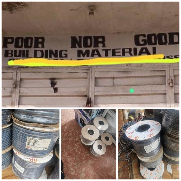 Collage on building materials: a wall graphic warning about poor/normal/good materials; spools of electrical cable and wire rolls