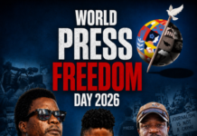 As Press Freedom Slips Sharply in 2026 Index… SLAJ, Reporters Union and Media Freedom Coalition Demand Urgent Protection for Journalists World Press Freedom Day 2026 poster showing three diverse journalists with camera gear and a microphone labeled Truth, advocating press freedom and truthful reporting.