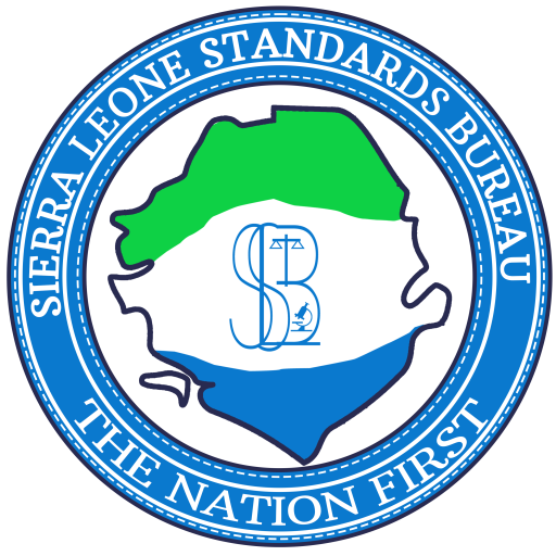Circular logo for the Sierra Leone Standards Bureau featuring a stylized green–white–blue map, central emblem, and the motto 'The Nation First' around the edge.