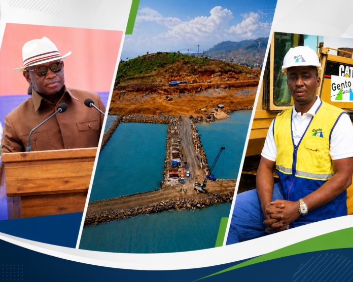 Collage of a man speaking at a podium, a coastal construction site, and a construction worker in a yellow safety vest and hard hat.