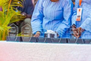 Glass trophy awards labeled 'Appreciation Award' lined up on a table at an award ceremony, with people in blue attire in the background.