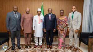 Six adults in formal attire stand in a row in a room with a Nigerian flag and wooden panel backdrop; a patterned rug covers the floor.