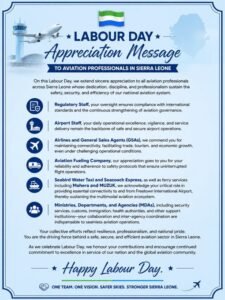 Labour Day appreciation poster for Sierra Leone’s aviation professionals, seen with a plane, control tower, and decorative blue border.