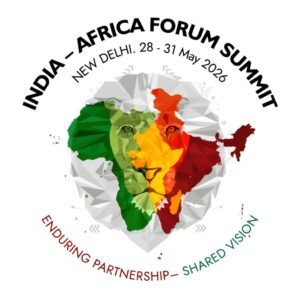Logo for India–Africa Forum Summit featuring a faceted Africa map in green/yellow/red, surrounded by curved text: “INDIA–AFRICA FORUM SUMMIT” and dates, with slogan “ENDURING PARTNERSHIP — SHARED VISION.”