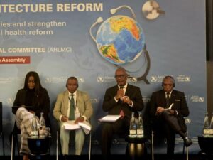| The Calabash Newspaper Panel of four professionals seated on stage during a health reform conference; backdrop shows a globe and stethoscope imagery.