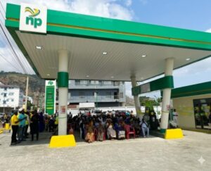 People lining up under a green-and-white NP gas station canopy in a busy outdoor area, with vehicles and buildings in the background.