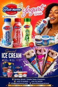 Assorted Blue Moon ice cream bottles and yogurts with a smiling person enjoying a bottle, colorful background ad.