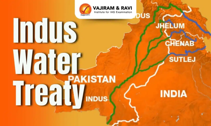 Infographic map of the Indus Water Treaty, showing India–Pakistan border with river lines and bold 'Indus Water Treaty' text on an orange background.