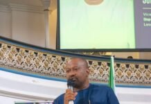 Vice President Highlights Energy Reforms, Diaspora Engagement at London Civic Day Townhall Man in blue traditional attire speaks at a podium with a microphone on a Civic Day stage, with a banner and flag in the background.