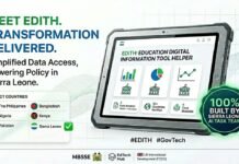 MBSSE Develops Revolutionary AI Platform to Transform Education Management Tablet showing Edith: Education digital information tool helper with charts and country icons; badge reads '100% built by Sierra Leone AI task team'