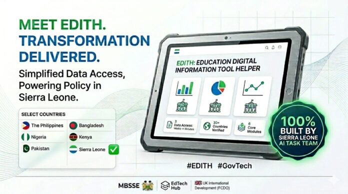 Tablet showing Edith: Education digital information tool helper with charts and country icons; badge reads '100% built by Sierra Leone AI task team'