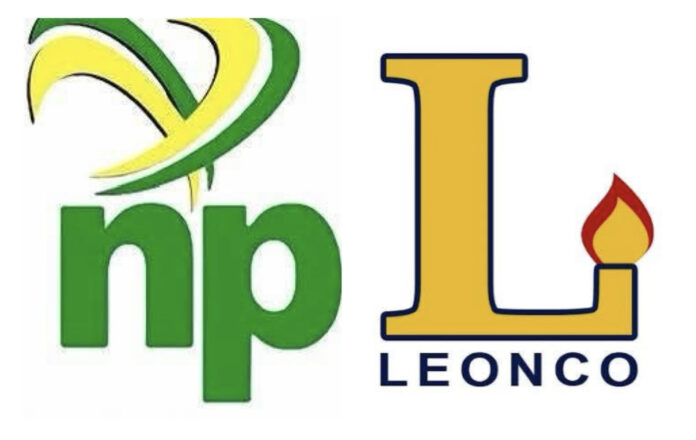 Logo collage: left side shows green lowercase 'np' with a yellow-green swoosh above; right side shows a large yellow 'L' with a flame and the word 'LEONCO' beneath.