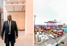 SLPHA Tops National Anti-Corruption Compliance Ranking with 87% Score Man in a dark suit standing in a bright, modern lobby; port with colorful containers and cranes in the background.