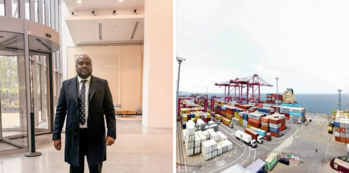 Man in a dark suit standing in a bright, modern lobby; port with colorful containers and cranes in the background.
