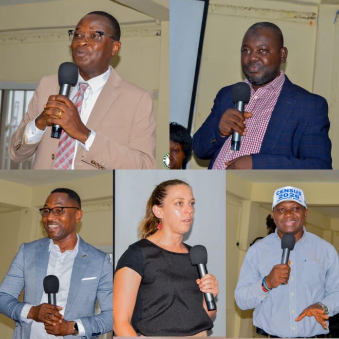 Collage of six speakers at an indoor event, each holding a microphone and addressing the audience.