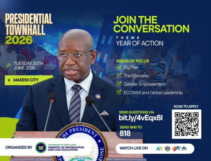Promotional poster for Presidential Townhall 2026 in Makeni City featuring a speaker at a podium and event details.