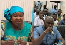 Parliament Seeks Urgent Solutions to Fast-Track National Stadium Project Collage of a conference: a woman in green with a headwrap speaks into a microphone on the left; a man in a blue suit speaks into a microphone on the right; audience seated behind them.