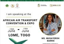 SLCAA DG to Speak at African Air Transport Convention and Expo in Togo Event poster: African Air Transport Convention & Expo in Lome, Togo, June 15–19; features a circular photo of Ms. Musayeroh Barrie, Director General of Sierra Leone CAA, with a green airplane graphic and logos.