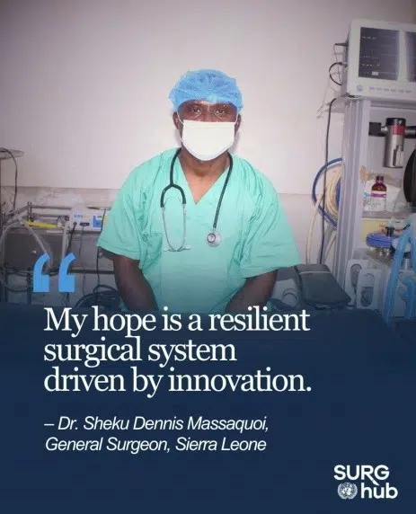 Surgeon in scrubs and mask in an operating room; blue overlay with the quote about a resilient, innovative surgical system and SURG hub logo.