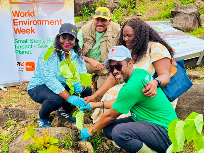 Group of four volunteers planting a sapling during World Environment Week, smiling near an event banner.