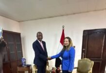 NASSIT DG Pushes for Strategic Alliance With Egyptian Embassy to Boost Informal Sector Protection Two professionals shake hands in a formal office with a flag in the background, wood furniture, and a patterned rug.
