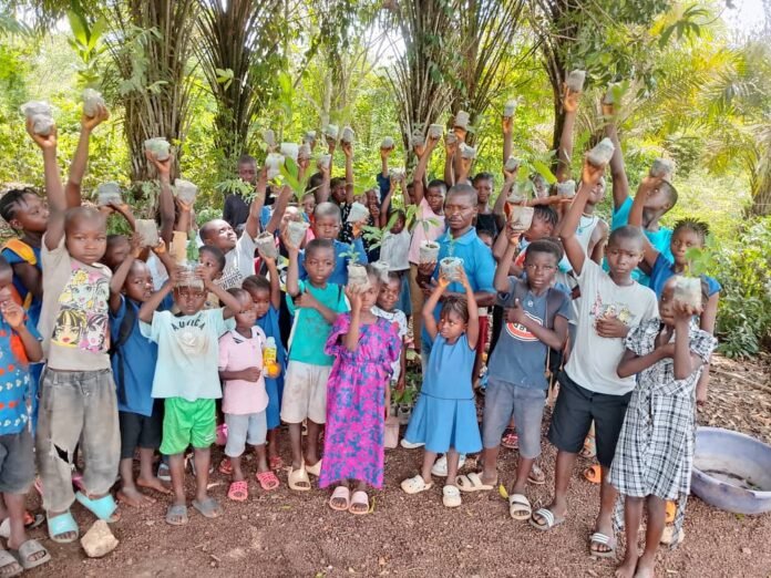 Group of children outdoors under trees, lifting small saplings in plastic bags.".strip()