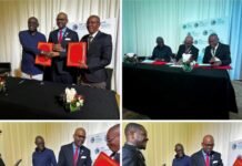 Sierra Leone, ‘Shelter Afrique’ and TAF Global Africa Forge Alliance for Housing Development Three men in suits exchange red folders at a formal signing table in a ceremony setting.