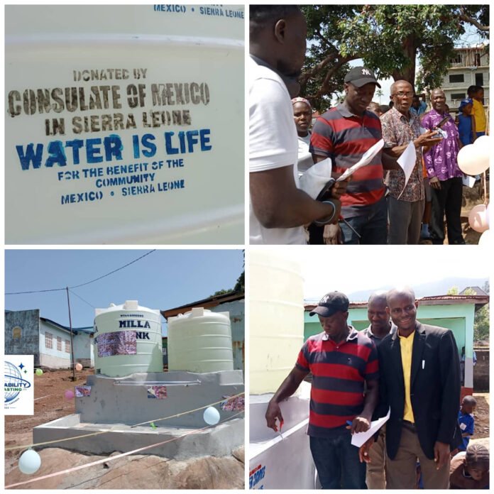 Collage: left panel shows water tanks with 'WATER IS LIFE' message; right panel shows a group of people at an outdoor community event holding papers and balloons.
