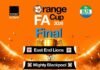 Orange FA Cup Final Set for Historic Clash Between East End Lions & Mighty Blackpool in Bo Bright orange poster for the Orange FA Cup Final 2026: East End Lions vs Mighty Blackpool at Southern Arena, June 20, 2026; ticket prices Open Le20, Covered Le40, VIP Le100.