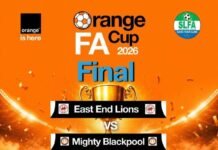Orange FA Cup Final Set for Historic Clash Between East End Lions & Mighty Blackpool in Bo Bright orange poster for the Orange FA Cup Final 2026: East End Lions vs Mighty Blackpool at Southern Arena, June 20, 2026; ticket prices Open Le20, Covered Le40, VIP Le100.