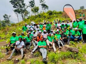 A large group of volunteers in green shirts pose with young saplings on a rocky hillside after a tree-planting event.
