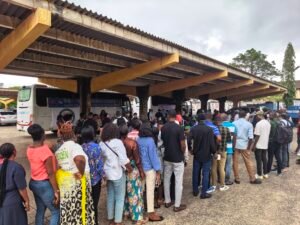 | The Calabash Newspaper Large crowd of people lined up under a long shelter with yellow support beams and buses in the background, likely at a bus station.
