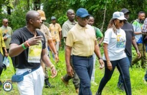 Group of people walking through a grassy outdoor area; two men lead front (one in black shirt gesturing, one in a yellow shirt with cap) with a woman in a white T‑shirt nearby, trees in background.